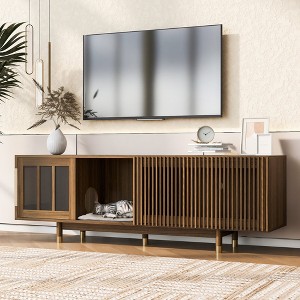 HDZNVF Mid-Century Modern Style 2 In 1 Pet Friendly Walnut TV Stand Cat House With Sliding Glass Door Flip-Down - 1 of 4