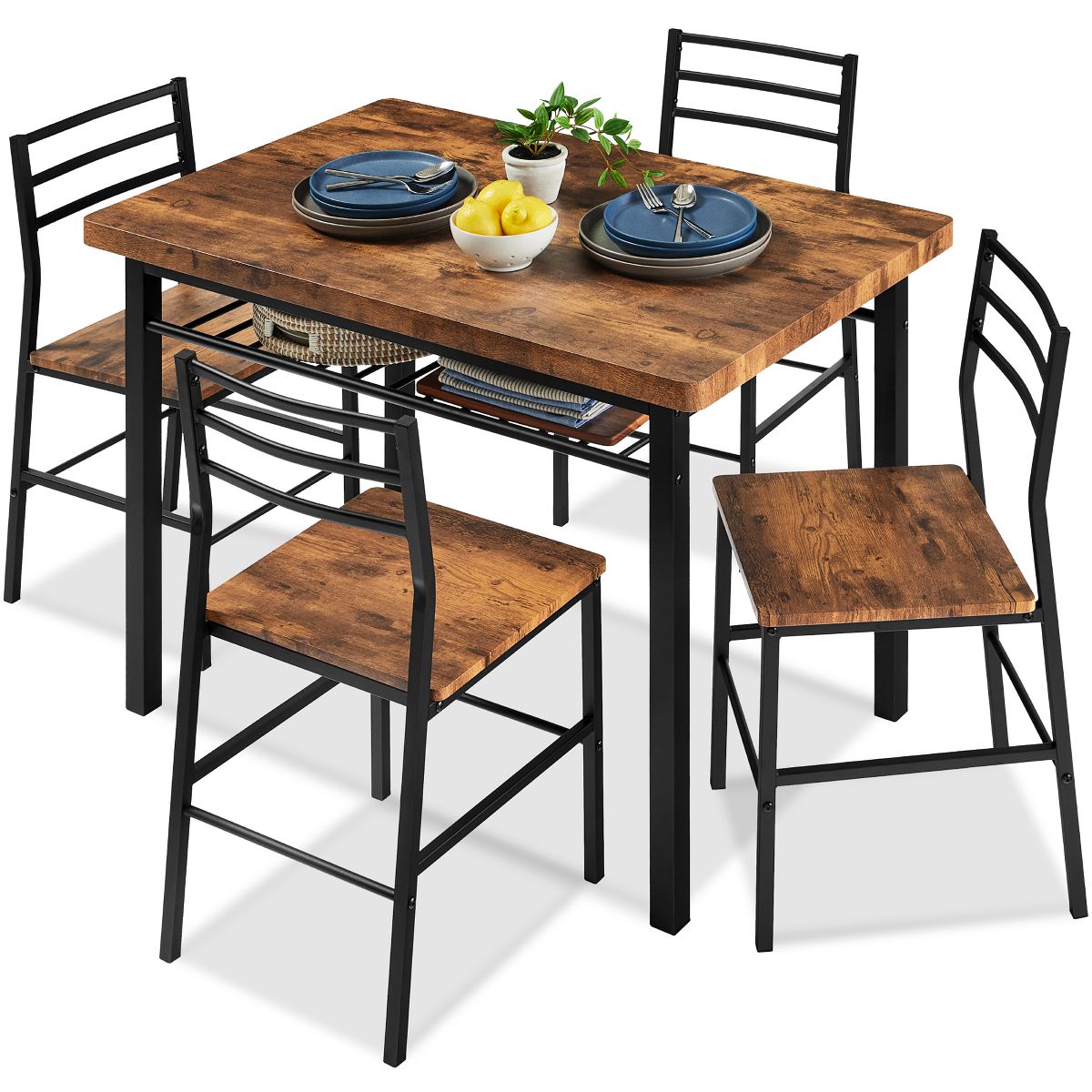 Best Choice Products 5-Piece Modern Dining Set, Kitchen Table W/ 4 Matching Chairs & Storage Rack - Medium Brown/Black