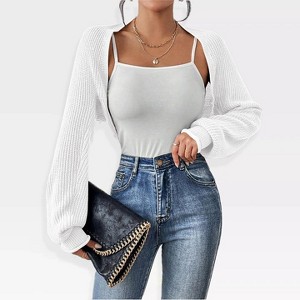 Womens Sweater Bolero Long Sleeve Cropped Shrugs Open Front Sweater Cardigan Lantern Sleeve Ribbed Knit Sweater Tops for Women,White - XL - 1 of 4
