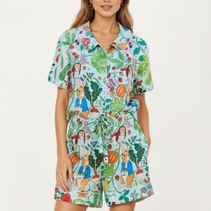 Anna-Kaci Lounge Women's Whimsical Garden Animal Print Pajama Set with Short Sleeve Button-Up Top and Matching Shorts - 1 of 4