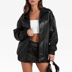 Faux Leather Jacket Women Oversized Motorcycle Bomber PU Leather Coats with Pockets Fall Fashion Outfits Winter Warm Coat Zipper Jackets - 1 of 3