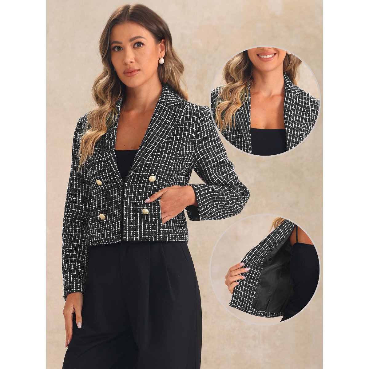 Женские пиджаки INSPIRE CHIC Women's Notch Lapel Buttons Office Long Sleeve Casual Blazer White Black Small — фото 2