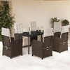 vidaXL 7 Piece Patio Dining Set - PE Rattan Outdoor Furniture with Cushions and Adjustable Reclining Chairs - Tempered Glass Table - Brown - 2 of 4