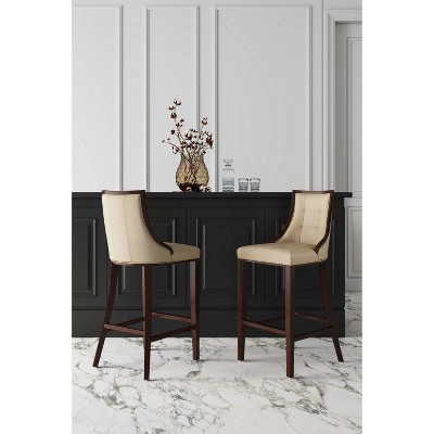 Cream Faux Leather and Dark Walnut Wood Counter Stools, Set of 3