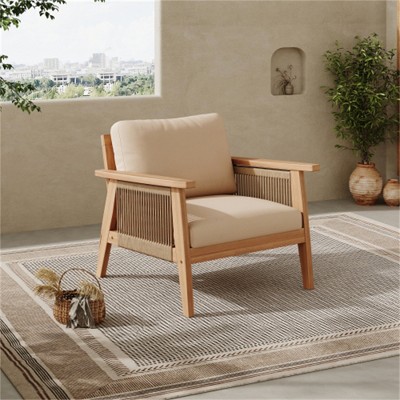 SKRAN Outdoor Acacia Wood and Rope Patio Chair with Cushions for Patio Backyard Balcony Porch (Single,Teak Beige)