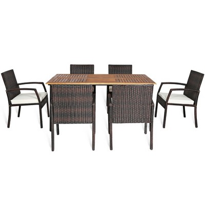Tangkula 7PCS Patio Dining Furniture Set w/ Wooden Tabletop Cushion Umbrella Hole
