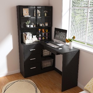 Lyngins L-Shaped Computer Desk with LED Lighting, 2 USB Ports, Glass Cabinets + Hidden Storage (Keyboard Shelf/3 Drawers), Office Desk/Gaming Desk - 1 of 4
