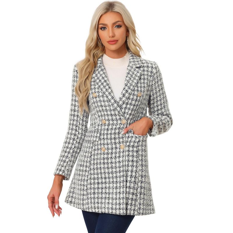 Allegra K Women's Notched Lapel Collar Coat Elegant Double-Breasted Plaid Tweed Blazer Outerwear, 1 of 6