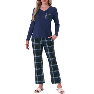 cheibear Women's Long Sleeve Top with Pockets and Plaid Pattern Pants Pajamas Set - 1 of 4