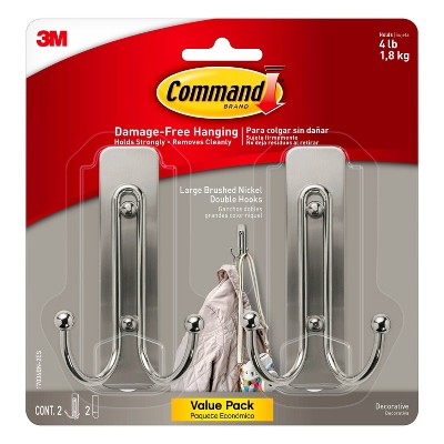 Command 2pk Large Sized Double Decorative Hooks Brushed Nickel