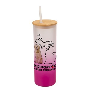 Elanze Designs The Wolverine State Michigan Loves Golden Retrievers Pink and White Ombre Frosted Glass Travel Tumbler with Straw and Wooden Lid, 25 - 1 of 4