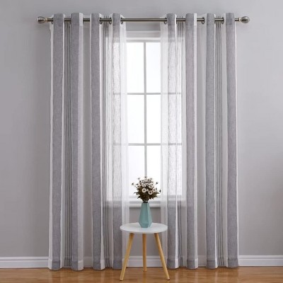 Sheer Curtains for Living Room Bedroom, Stripe Farmhouse Curtains Faux Linen Window Treatments Semi Curtain, Bathroom Curtain Window Grommet，2 Pcs