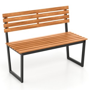 Tangkula Outdoor Bench Acacia Wood Patio Loveseat w/ Backrest & Heavy Duty Metal Frame Black - 1 of 4