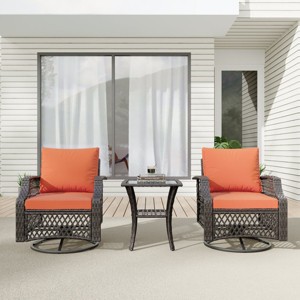 EROMMY 3 Piece Outdoor Swivel Chair Set, Wicker Patio Bistro Set With Thickened 25D Cushions And Glass Coffee Table - 1 of 4