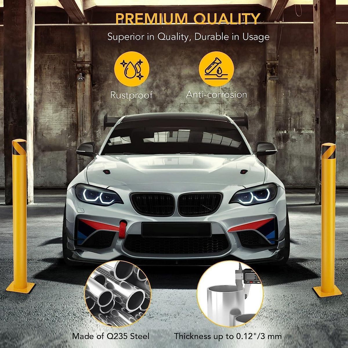 Safety Bollard 36 Inch Steel Post 6 Pack, Heavy Duty Parking Barrier with Anchor Bolts for Driveway Traffic Contro - thumbnail 4
