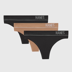 Hanes Originals Women’s 3pk Seamless Rib Thong Underwear - Black/Beige - 1 of 4