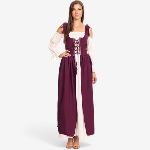 Anna-Kaci Women's Renaissance Lace-Up Overdress with Shoulder Tie Straps for Casual Looks - Medium, Burgundy - 1 of 4