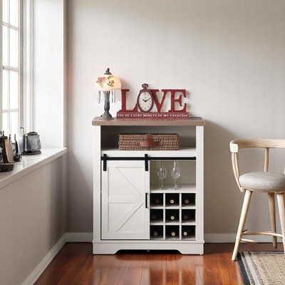 Farmhouse Wine Cabinet with Sliding Barn Door and Adjustable Shelf, Small Buffet Storage Cabinet for Kitchen or Dining Room