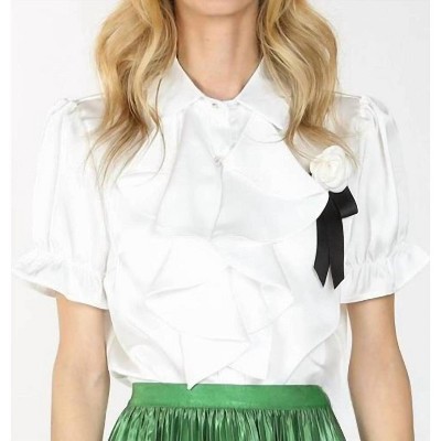 Women's Desiree Ruffle & Rose Accent Satin Blouse - BEULAHSTYLE