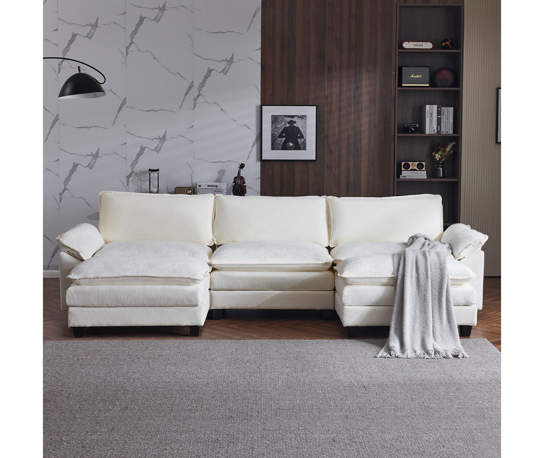 Karl Home |120 in. W Pillow Top Arm Double-layer Cushion Chenille Sofa in Blue With Ottoman