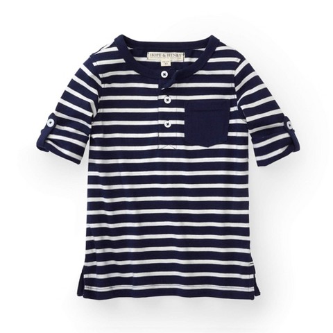 Hope & Henry Boys' Henley Pocket Tee with Rolled Sleeves (Navy Stripe with Pocket, Large)