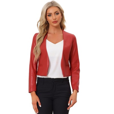INSPIRE CHIC Women's Collarless Open Front Faux Pocket Faux Leather Crop Moto Jackets
