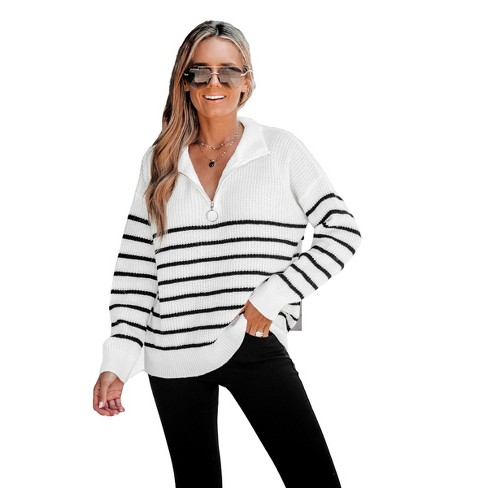 striped drop shoulder zipper front sweater