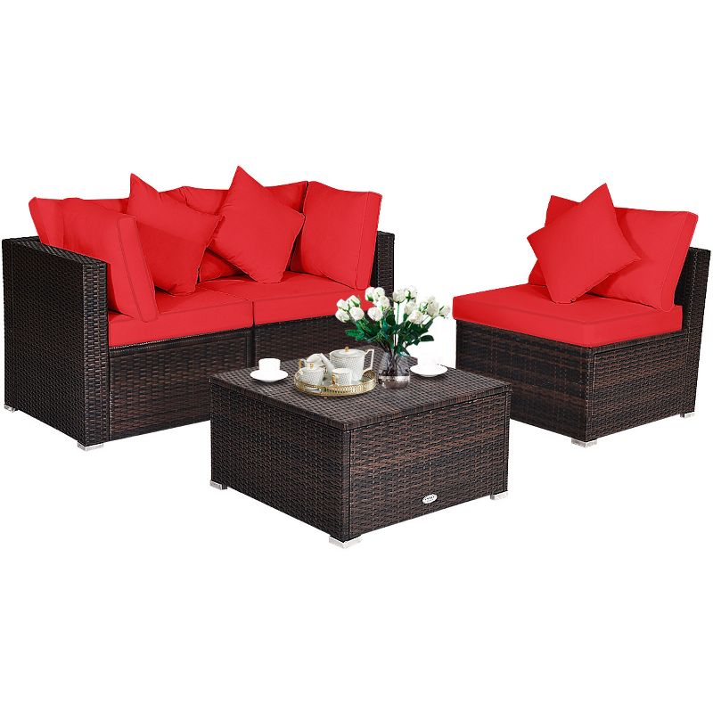 Tangkula 4-Piece Outdoor Rattan Sofa Set Sectional Conversation Couch Ottoman Turquoise/Red, 1 of 7