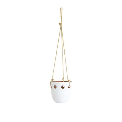 Galiot White Round Cutout Hanging Terracotta Planter w/ Jute Rope