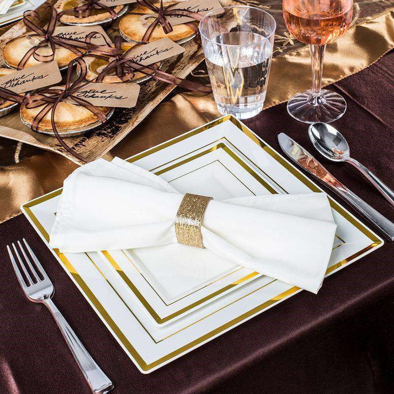 Smarty Had A Party 9.5" White with Gold Square Edge Rim Plastic Dinner Plates (120 Plates), 4 of 7