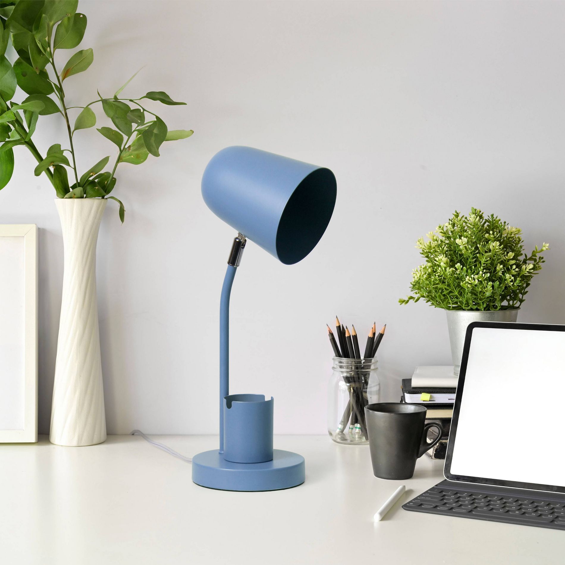 Simple Designs 15.75" Sleek Essentials Metal Table Desk Lamp with Compartment Blue