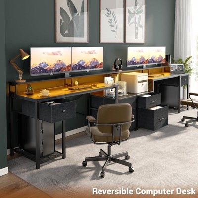 Aheaplus 59'' Computer Desk with 3 Drawers and Led Lights, Home Office Desk with File Drawer & Power Outlet