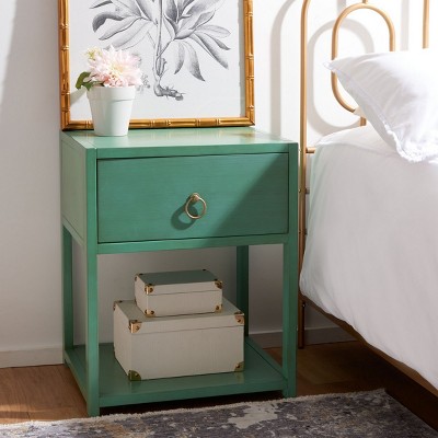 Turquoise Acacia Wood Nightstand with Gold Trim and Shelf
