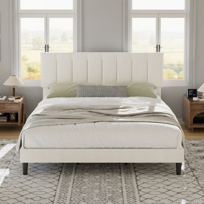VECELO Upholstered Bed Frame with Adjustable Headboard, Heavy-Duty Platform Bed with Strong Wood Slat Support, No Box Spring Needed