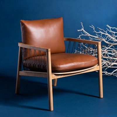 Caramel Brown Mid-Century Leather and Oak Armchair