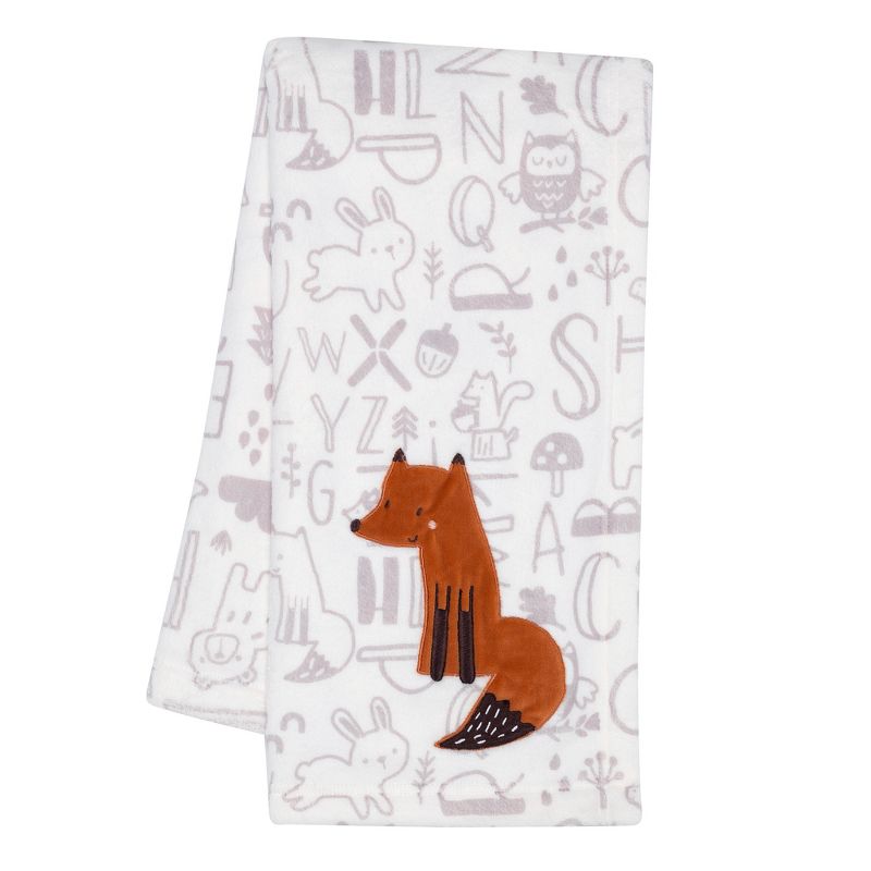 Bedtime Originals Animal Alphabet Gray/White Fox Appliqued Fleece Baby Blanket, 1 of 8