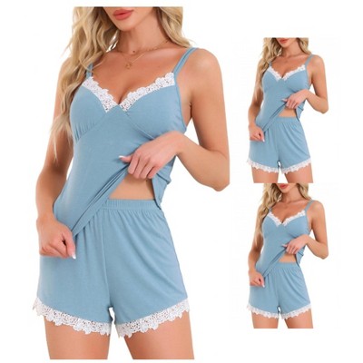 INSPIRE CHIC Women 2 Pcs Lounge Set Sleeveless Lace Spaghetti Strap Ribbed Pajama Sets