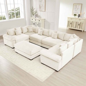 Oversized Modular Sectional Sofa with Chaise and Ottoman, Convertible Sofa with Armrests, Upholstered Sofa with Corduroy Cushion-Cuddlewood - 1 of 4
