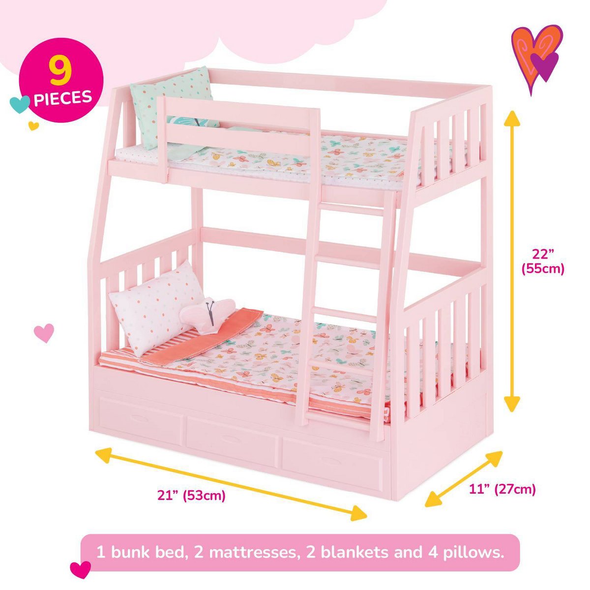 Набор Our Generation двухъярусная кровать Dreams for Two, розовая, для кукол 46 см — фото 4
