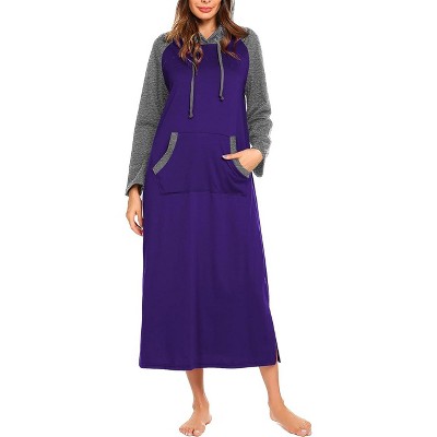 Ekouaer Nightgowns for Women Cotton Nightgown Long Sleeve Hooded Night Gown Contrast Color Full Length Loungewear with Pocket