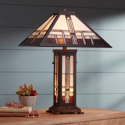 Mission Bronze 28" Table Lamp with Stained Glass Shade and Nightlight