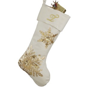 Personalization Mall Snowflake Embroidered Initial Ivory Christmas Stockings - 1 of 2