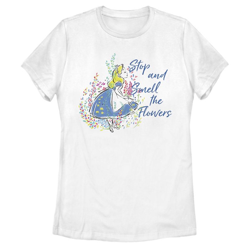 Women's Alice in Wonderland Stop and Smell the Flowers T-Shirt, 1 of 5