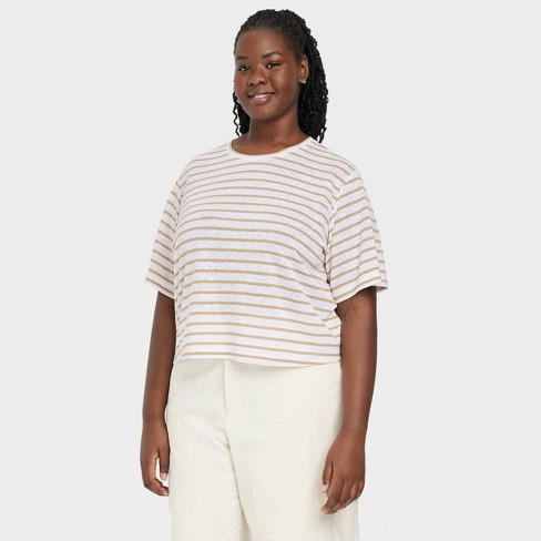 Women's Linen Boxy Short Sleeve T-shirt - Universal Thread™ Tan Striped 4x  : Target