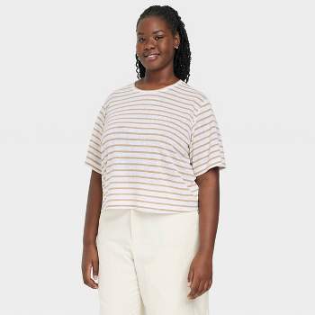 Women's Linen Boxy Short Sleeve T-Shirt - Universal Thread™ Tan Striped 4X