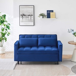MAYEERTY Modern Velevt Loveseat Sleeper Sofa Couch Pull Out Bed with Toss Pillows Pockets for Living Room Bedroom Blue - 1 of 4
