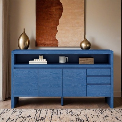 60" 3-Door Sideboard with 3 Drawers - Modern Solid Ash Veneer MDF Sideboard, Semi-Open Shelf & Center Semi - Leovsnove