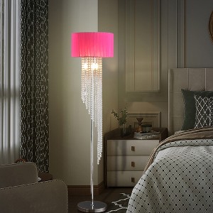 Vynxaria 65.75 Inch Floor Lamp with Pink Drum Shade and Crystal - Adorned Chrome Metal,Perfect for Bedroom and Living Room Decoration - 1 of 4
