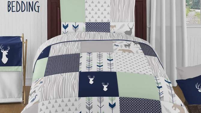 Sweet Jojo Designs Gender Neutral Unisex Twin Comforter Bedding Set Woodsy Blue Green Grey 4pc, 2 of 5, play video
