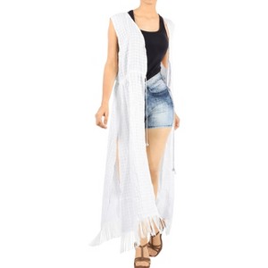 LA LEELA Women's Summer Open Front Vacation Beachwear Long Bathing Suit Slouchy Duster Holiday Swimwear Cardigans for Women M-L White, Plain - 1 of 4